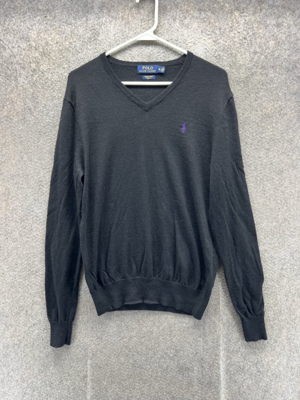 Polo Ralph Lauren Sweater Men Medium Black V Neck Merino Wool Pullover Logo